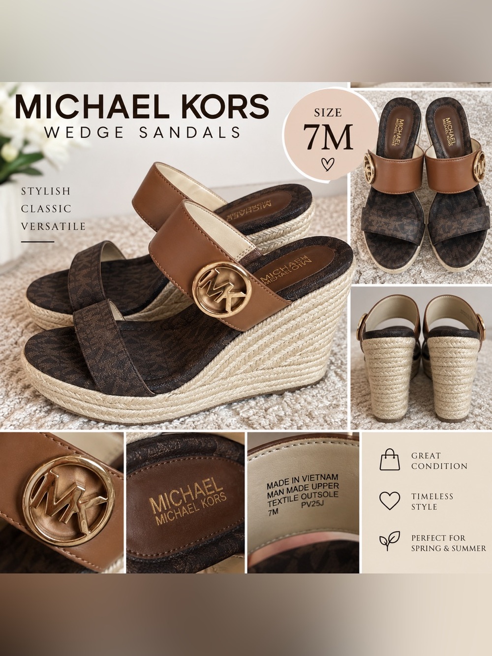 Michael Kors Tan & Brown Espadrille Wedge Slide Sandals